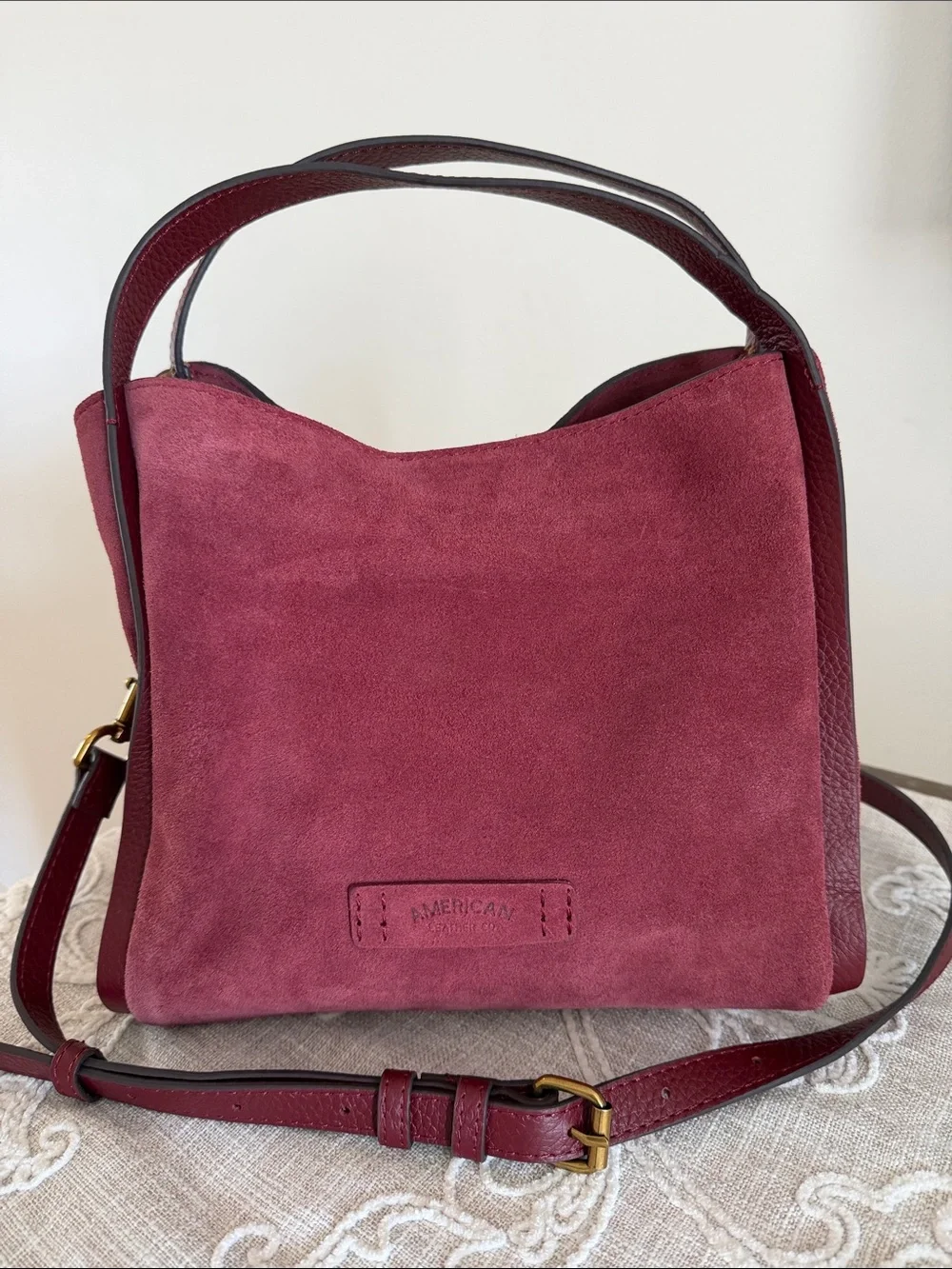 American Leather Co Auburn Suede w/Leather Strap/Handles & Trim Satchel.